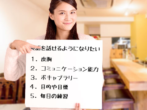 英語を話せるようになりたいと書かれたボードを持っている女性