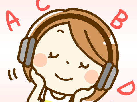 ヘッドフォンで英会話の音声を聞いている女性のイラスト